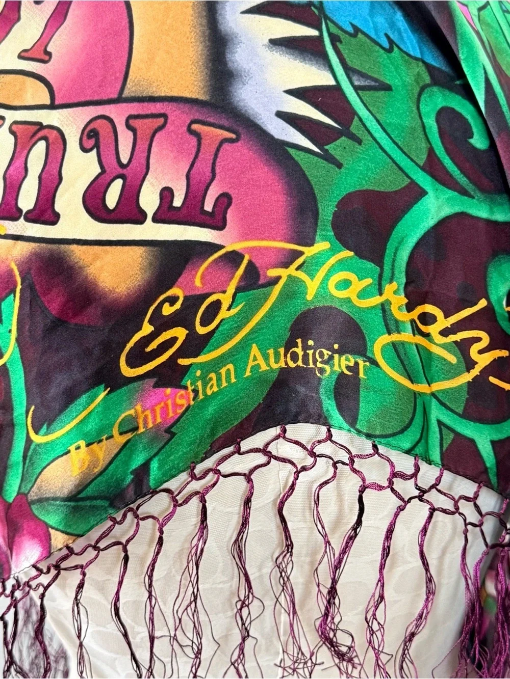 Ed Hardy by Christian Audigier silk scarf Love Kills Slowly vibrant tattoo art